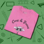Cues & Brews T-Shirt, folded view, in Azalea break, run out, turn heads — repeat