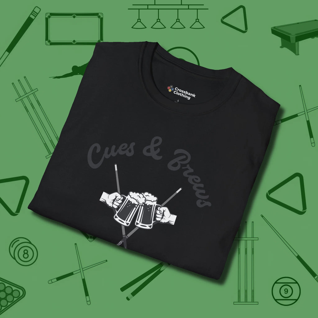 Cues & Brews T-Shirt, folded view, in Black built for bold breaks and quiet confidence