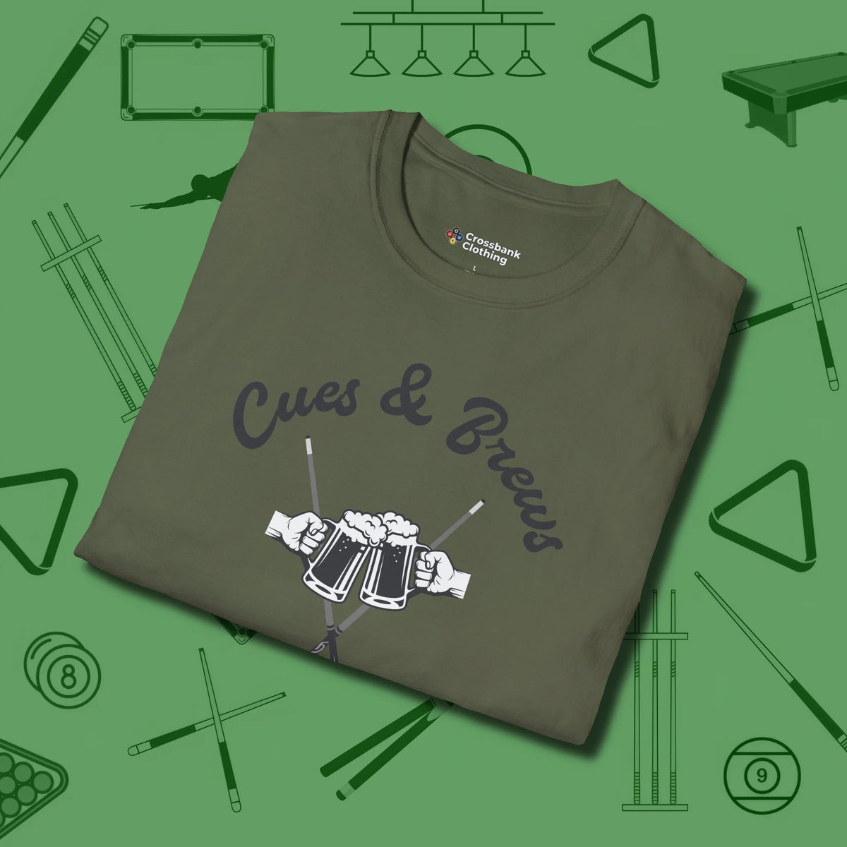 Cues & Brews T-Shirt, folded view, in Military Green fashion with break-and-run energy