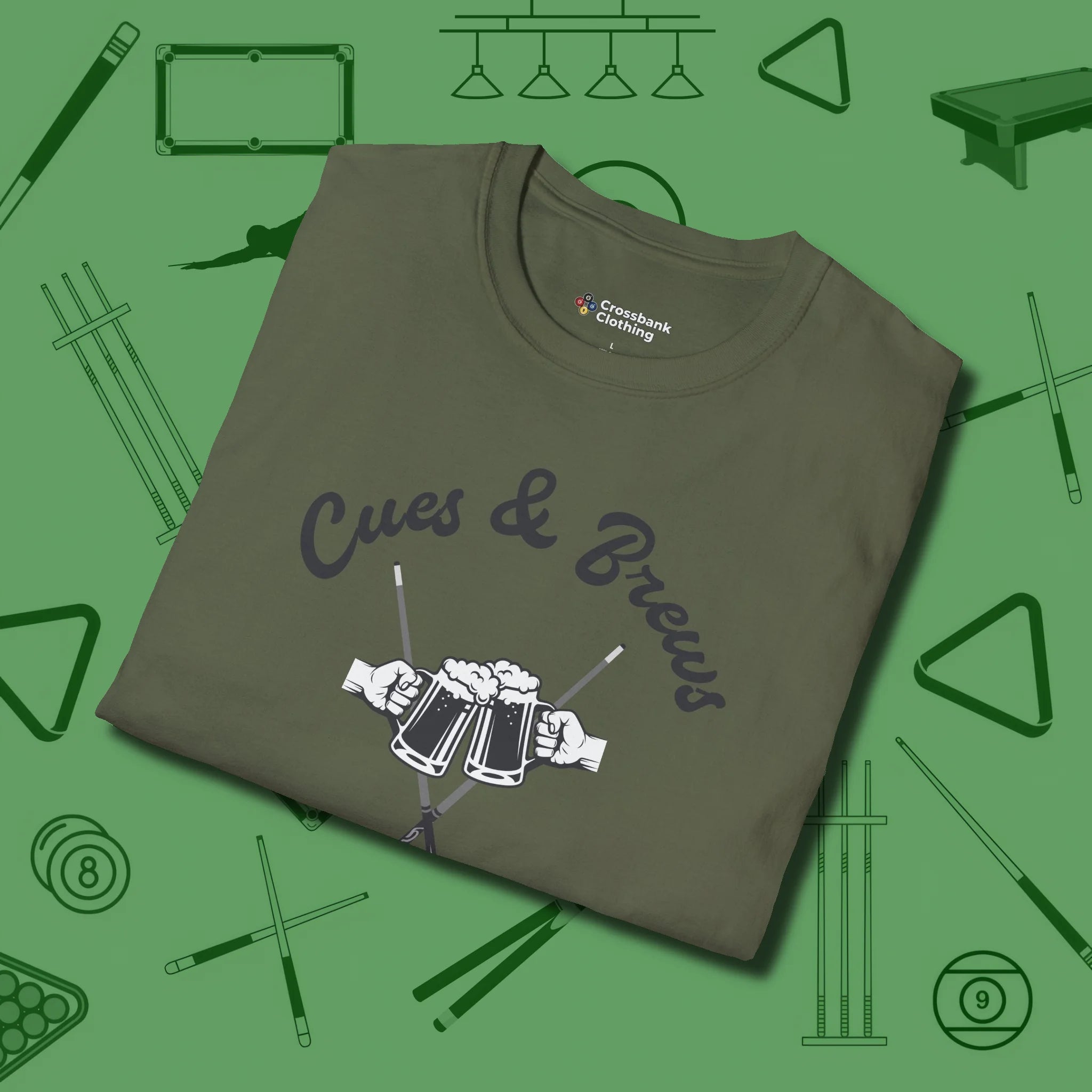 Cues & Brews T-Shirt, folded view, in Military Green fashion with break-and-run energy