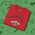 Cues & Brews T-Shirt, folded view, in Red perfect for players with quiet fire