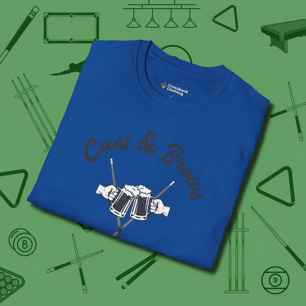 Cues & Brews T-Shirt, folded view, in Royal precise, confident, always in control