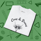 Cues & Brews T-Shirt, folded view, in White smart enough for the felt and the street