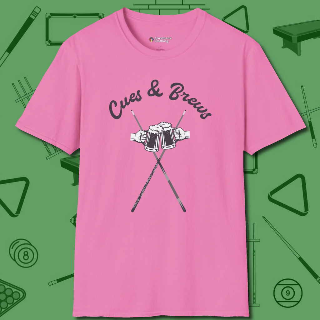 Cues & Brews T-Shirt, front view, in Azalea clean lines for dirty minds