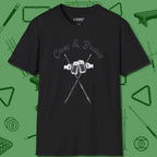 Cues & Brews T-Shirt, front view, in Black smart enough for the felt and the street