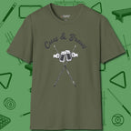 Cues & Brews T-Shirt, front view, in Military Green confidence stitched in every seam