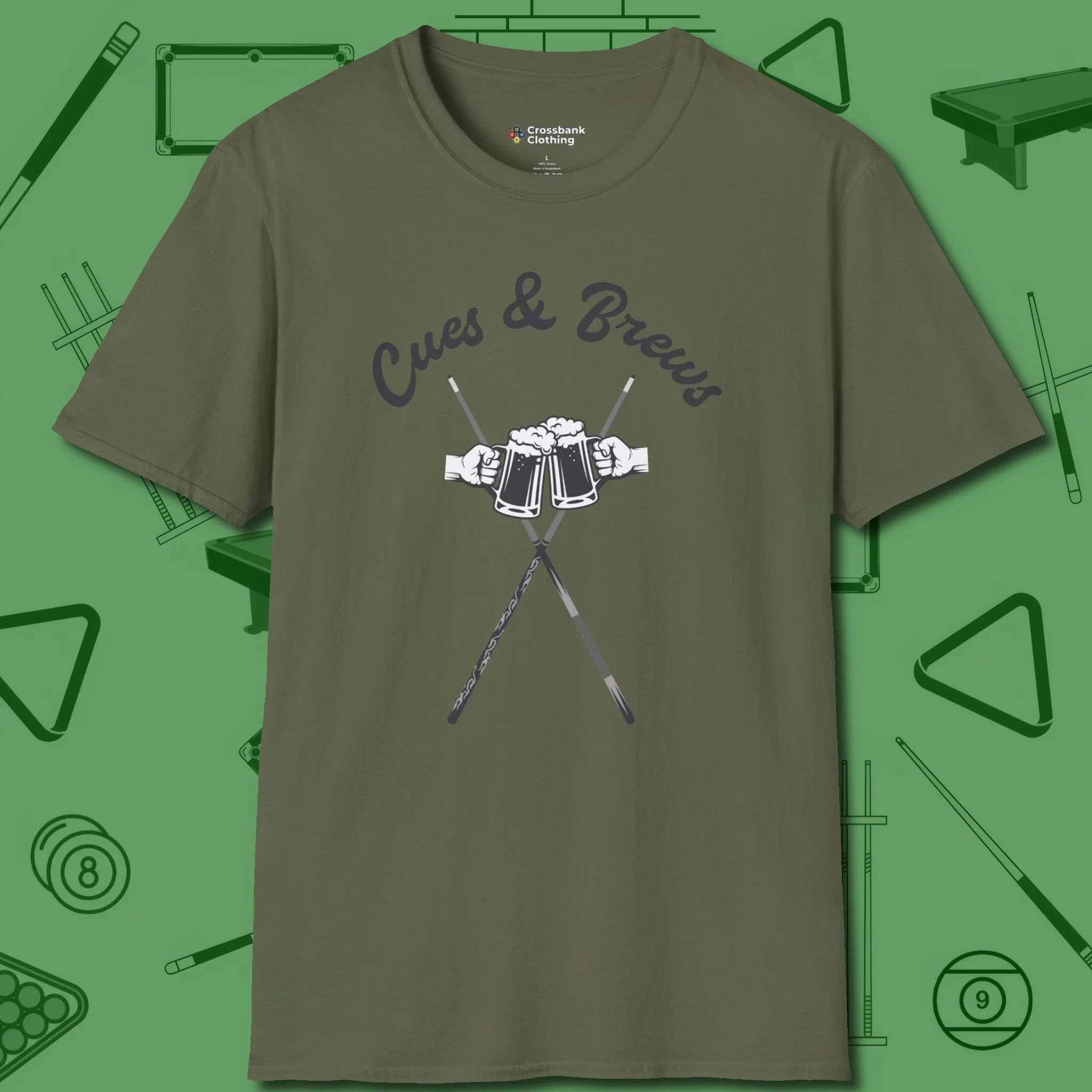 Cues & Brews T-Shirt, front view, in Military Green confidence stitched in every seam