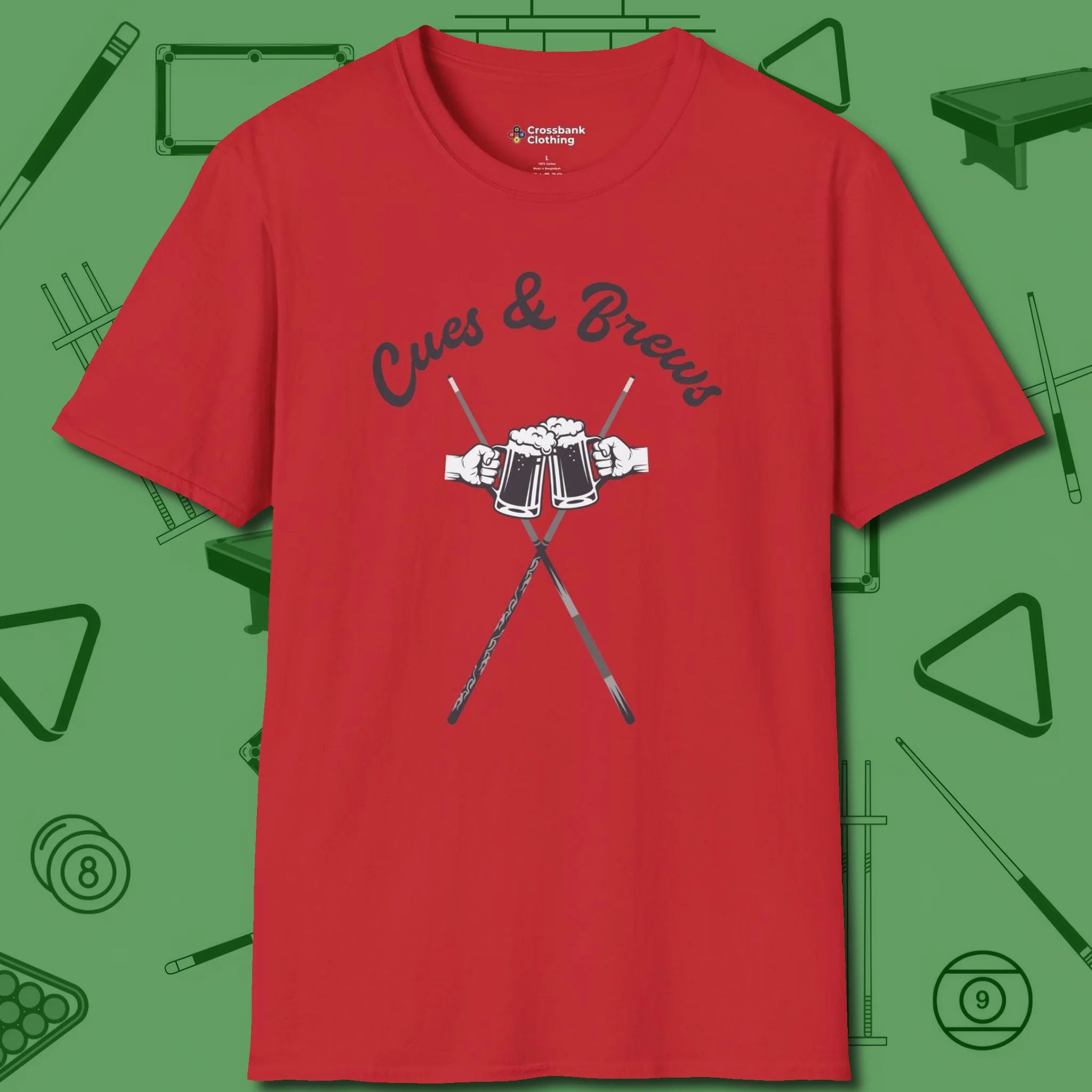Cues & Brews T-Shirt, front view, in Red built for bold breaks and quiet confidence