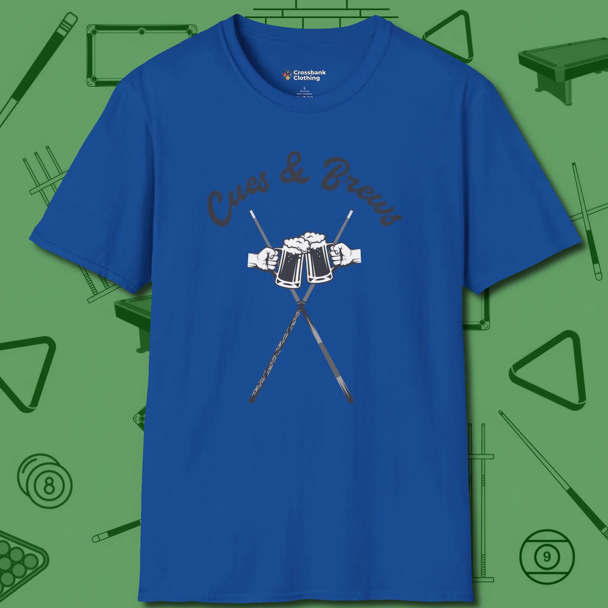 Cues & Brews T-Shirt, front view, in Royal table-tested, street-approved style
