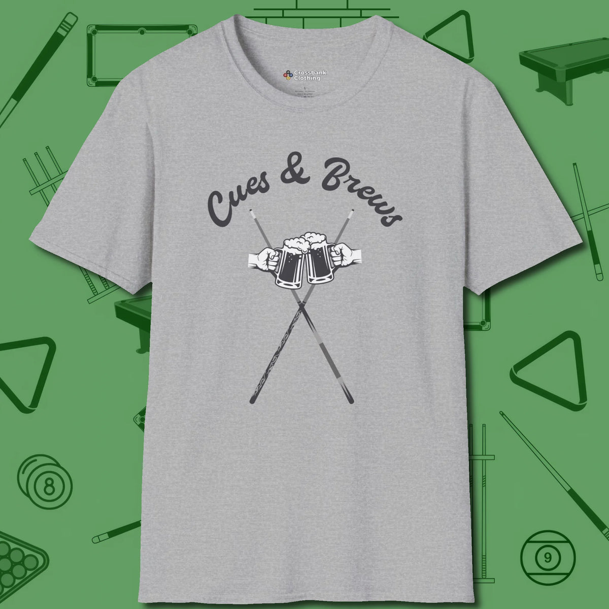 Cues & Brews T-Shirt, front view, in Sport Grey play in style, win in silence