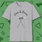 Cues & Brews T-Shirt, front view, in Sport Grey play in style, win in silence