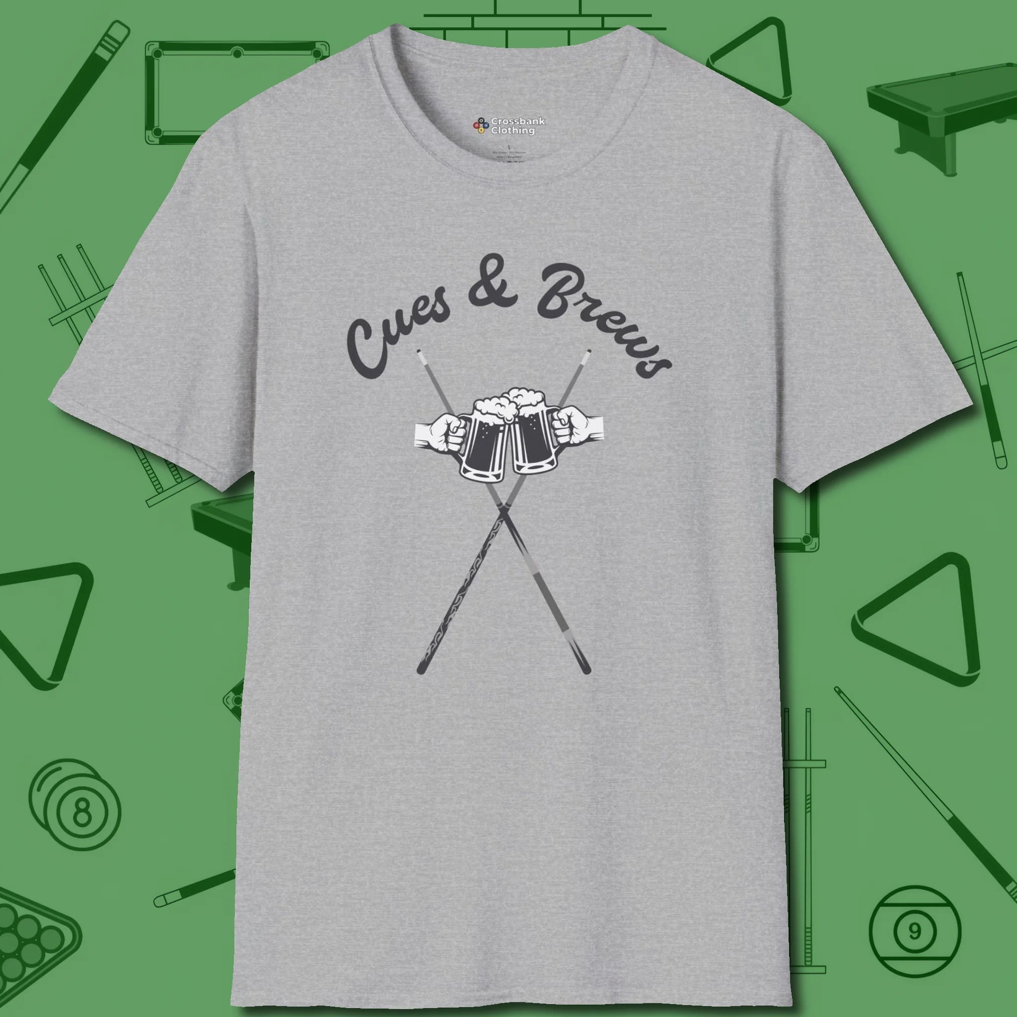 Cues & Brews T-Shirt, front view, in Sport Grey play in style, win in silence