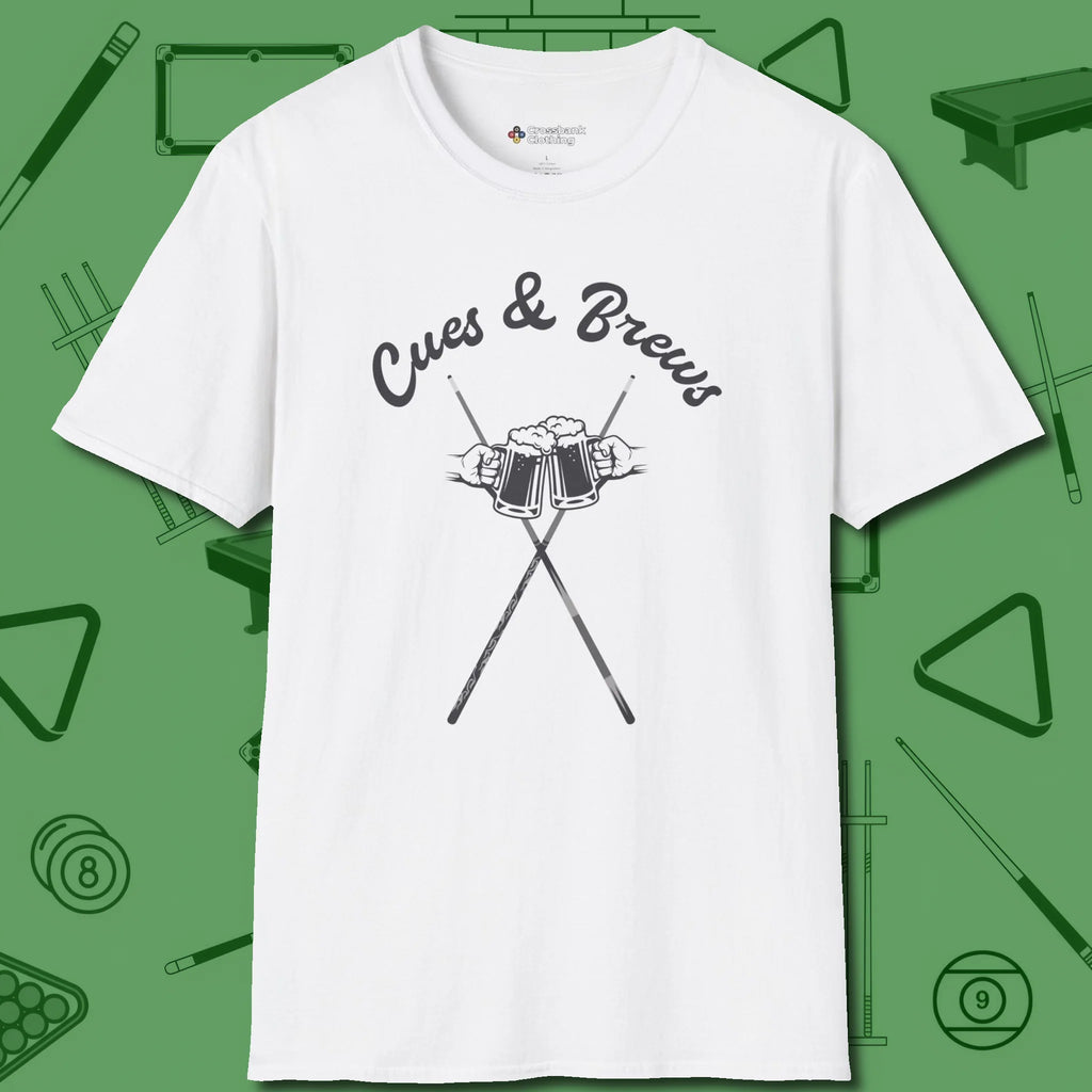 Cues & Brews T-Shirt, front view, in White helps your stroke and your style