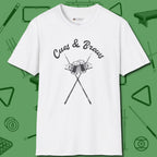 Cues & Brews T-Shirt, front view, in White helps your stroke and your style