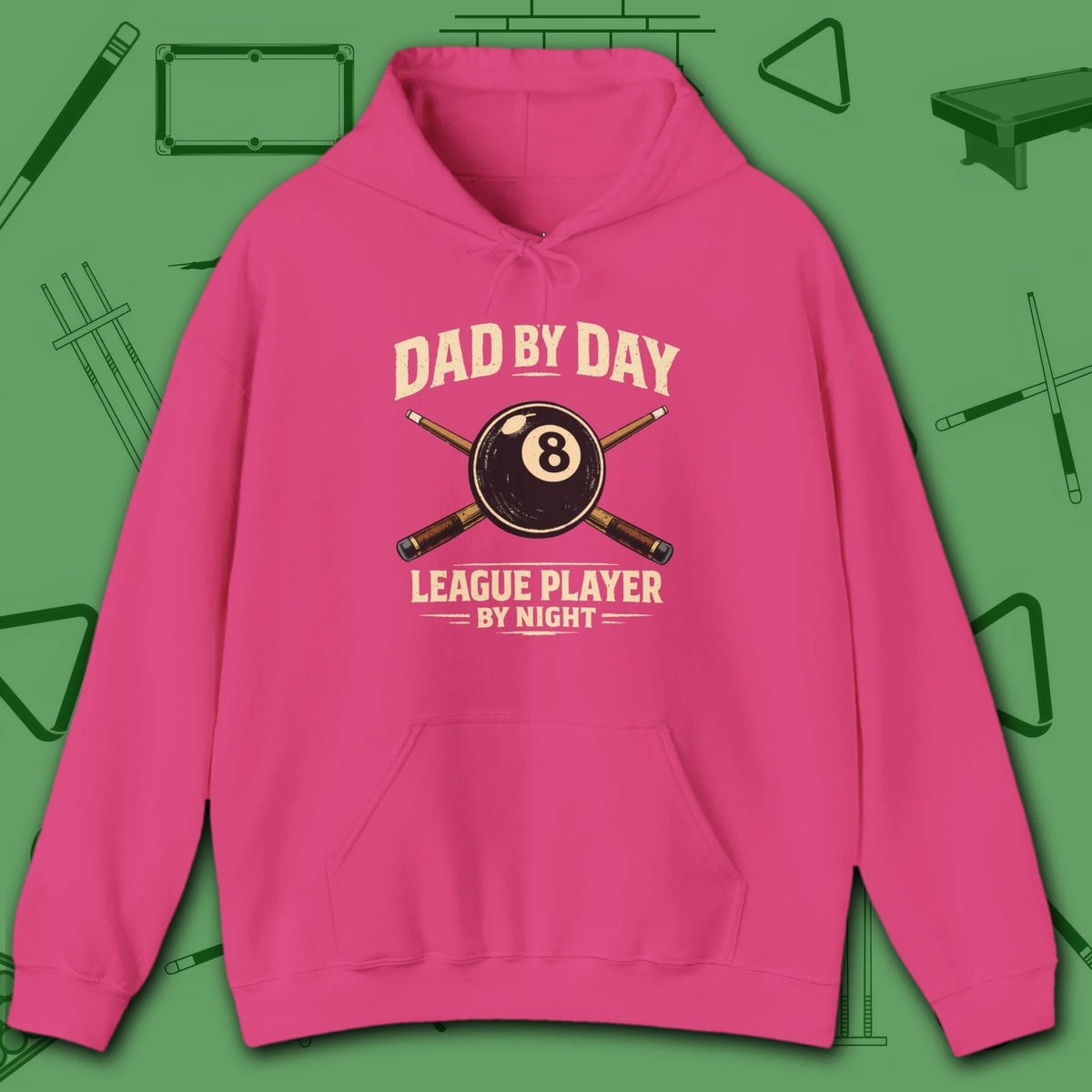 Dad by Day 8 Ball Pool Hoodie, front view, in Heliconia color
