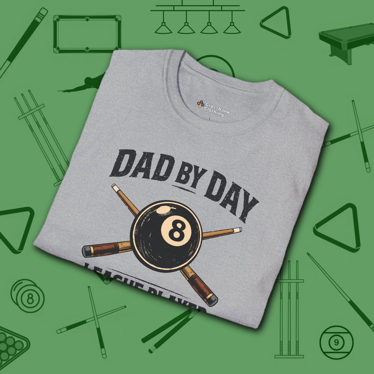 Dad by Day 8 Ball Pool T-Shirt, folded view, in Sport Grey color