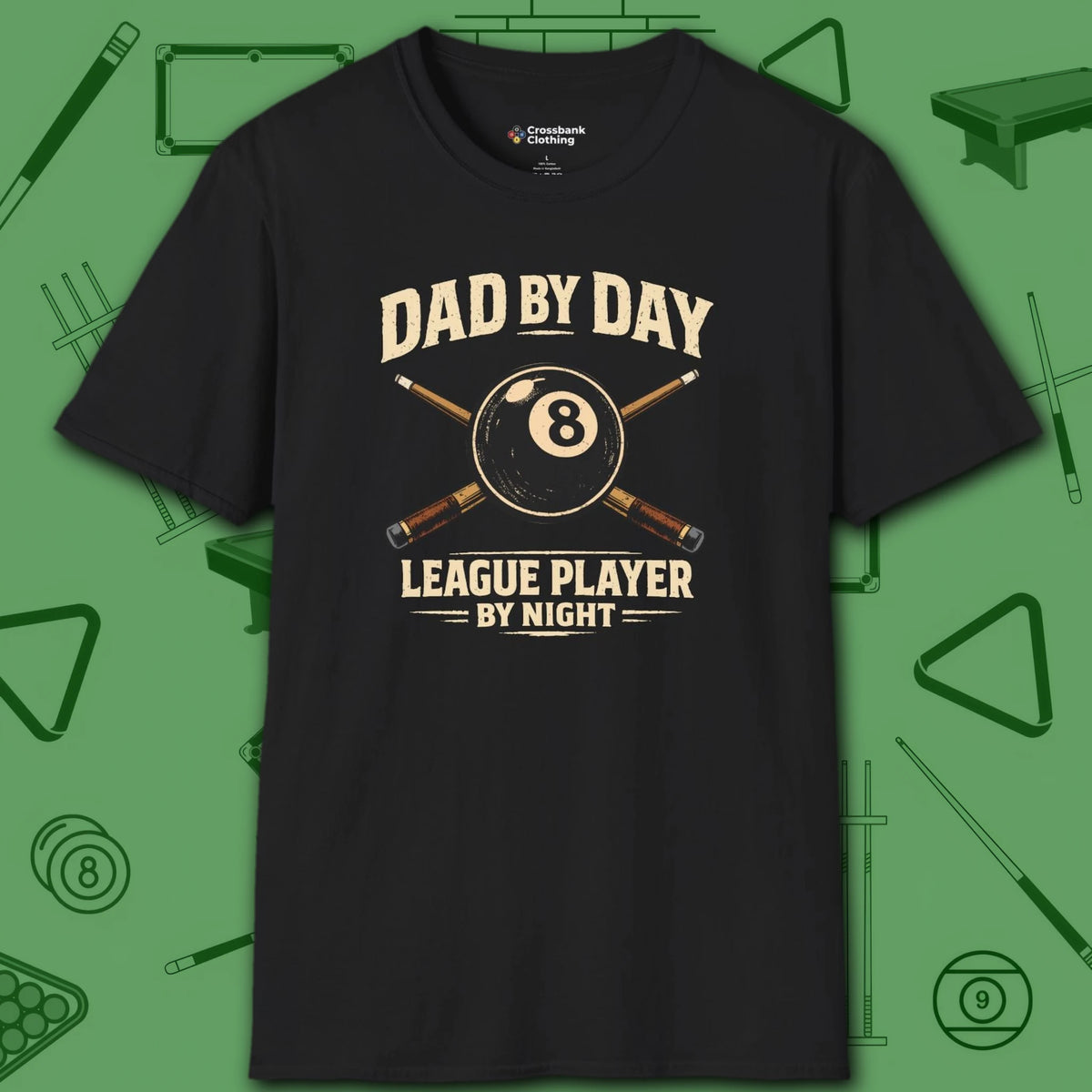 Dad by Day 8 Ball Pool T-Shirt, front view, in Black color