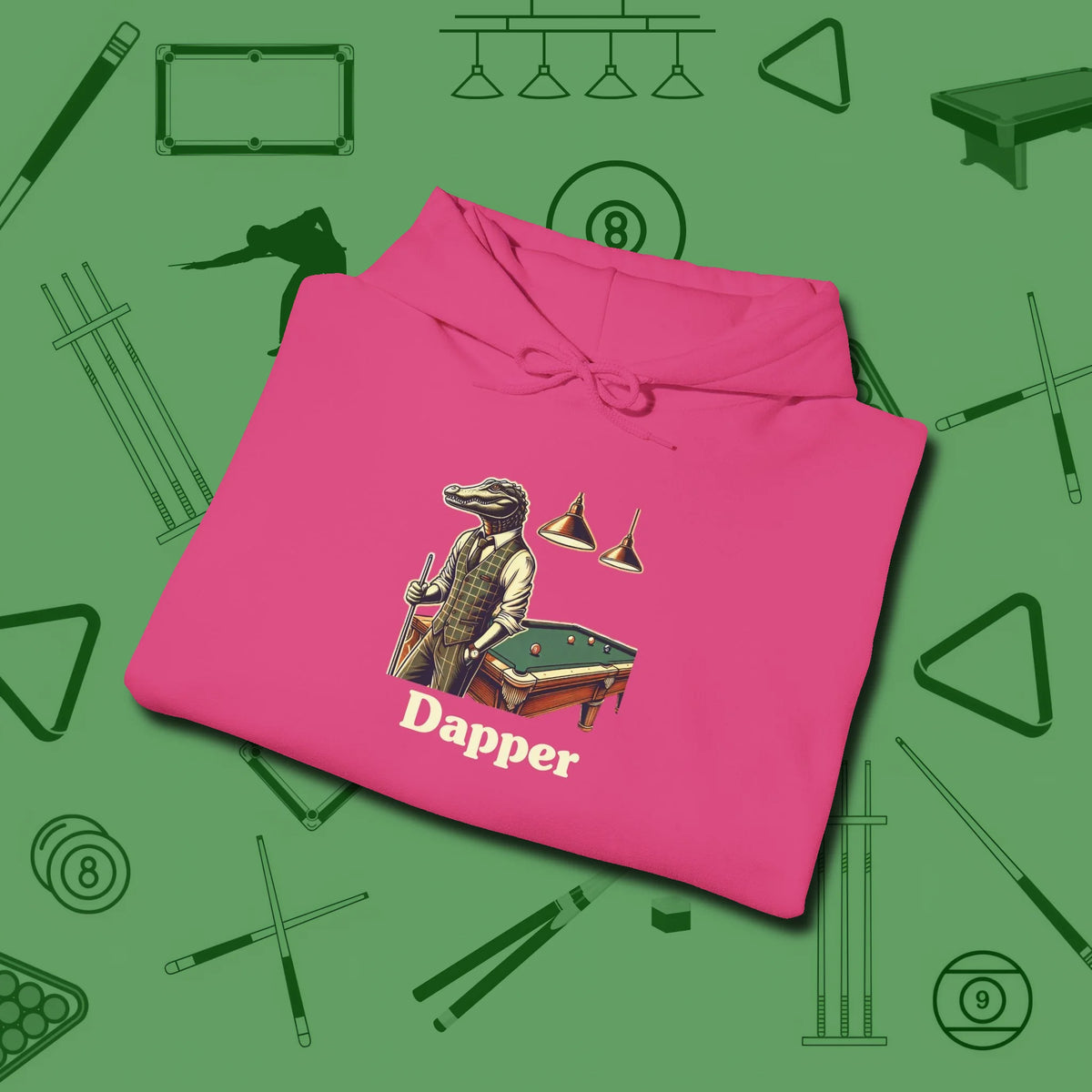 Dapper Alligator Hoodie, folded view, in Heliconia subtle drip for serious shooters