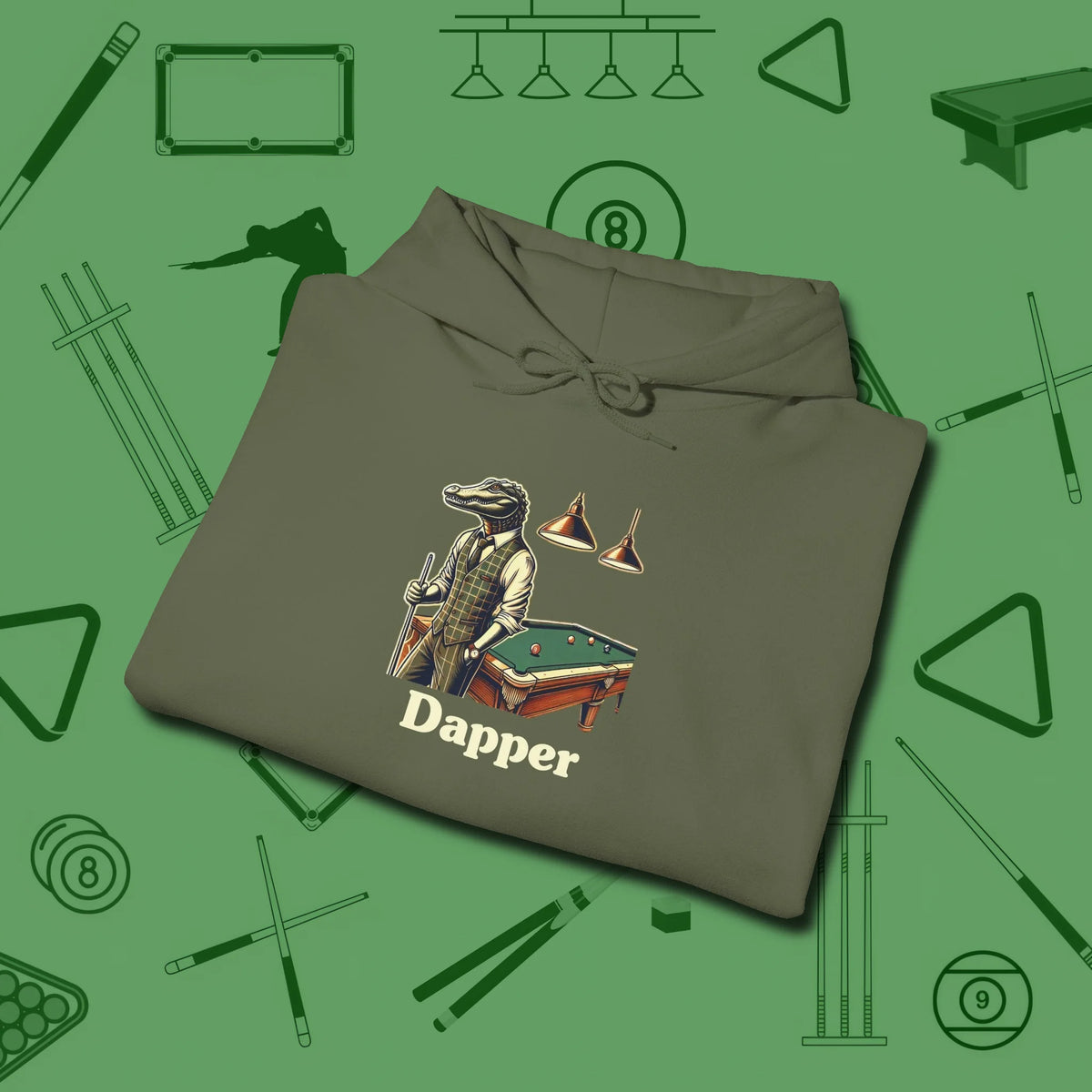 Dapper Alligator Hoodie, folded view, in Military Green for hustlers who keep it honest