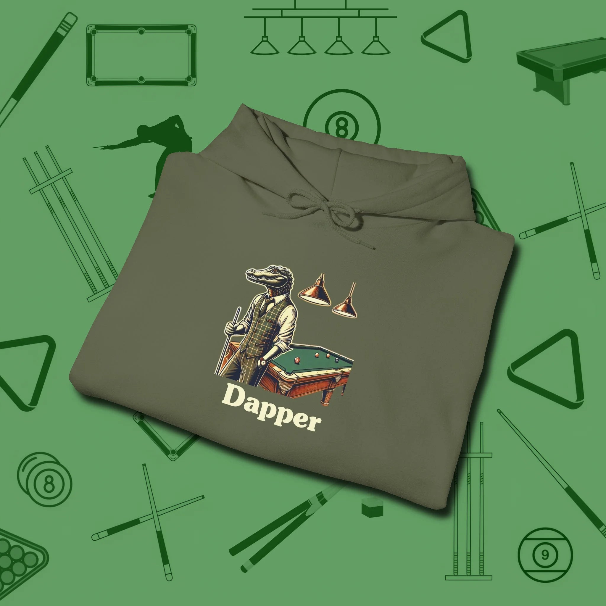 Dapper Alligator Hoodie, folded view, in Military Green for hustlers who keep it honest