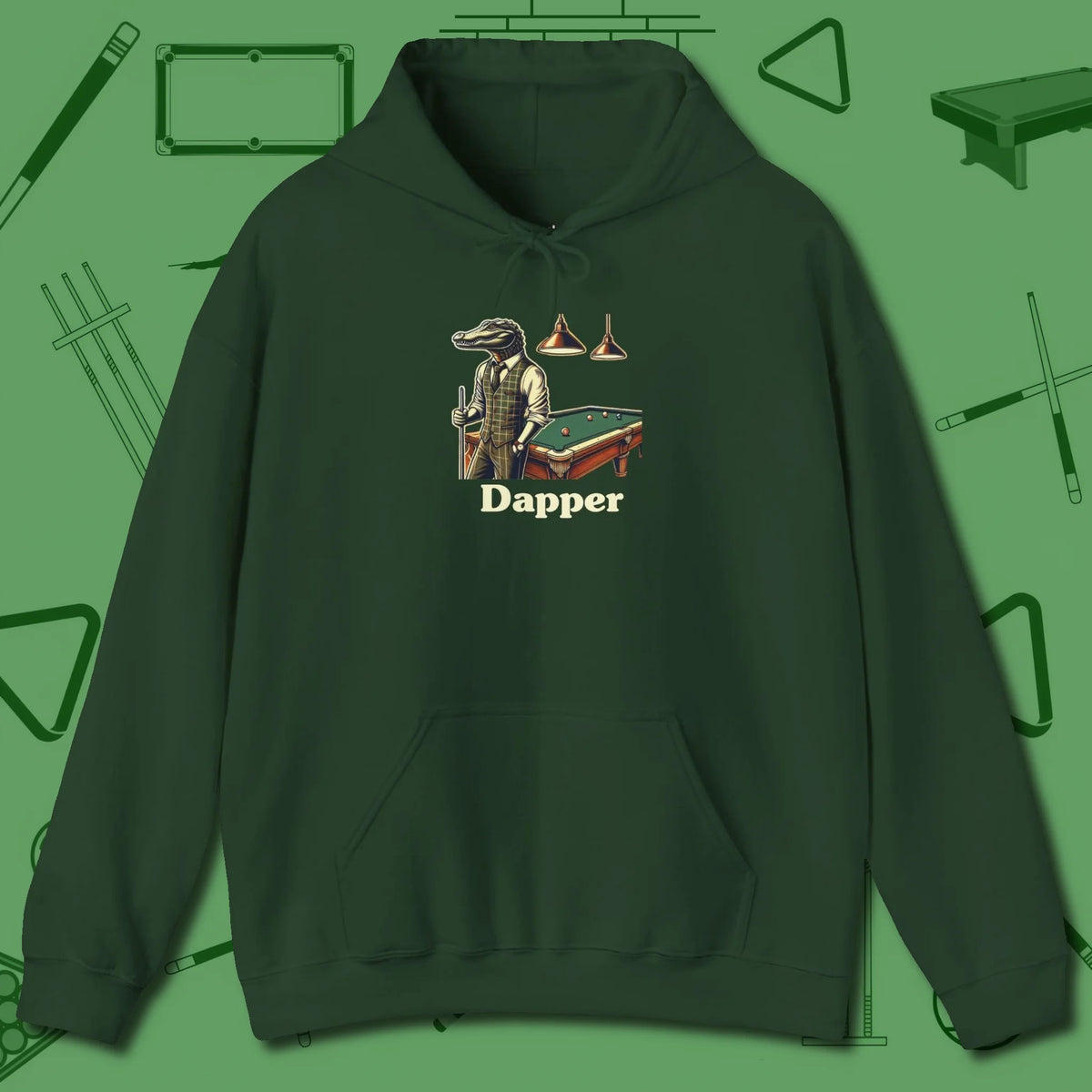 Dapper Alligator Hoodie, front view, in Forest Green what the real shooters wear