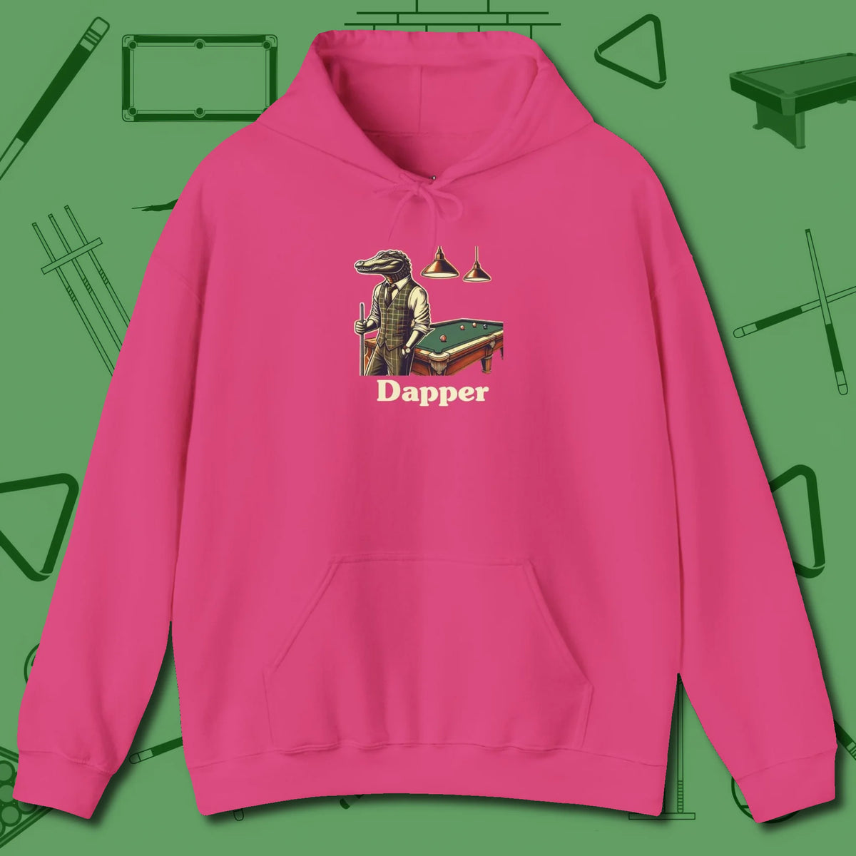 Dapper Alligator Hoodie, front view, in Heliconia confidence stitched in every seam