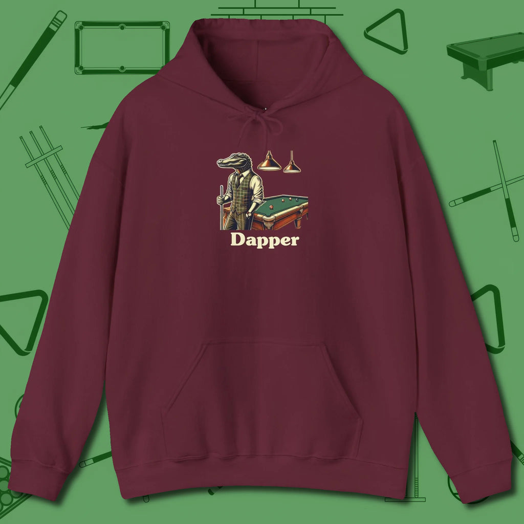 Dapper Alligator Hoodie, front view, in Maroon confidence stitched in every seam