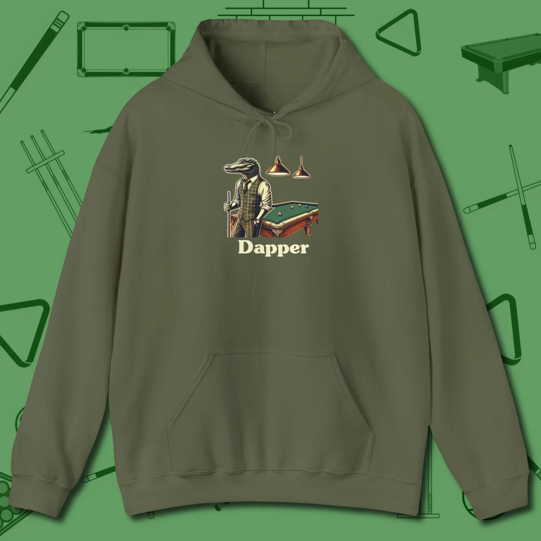 Dapper Alligator Hoodie, front view, in Military Green tough like your favorite break cue