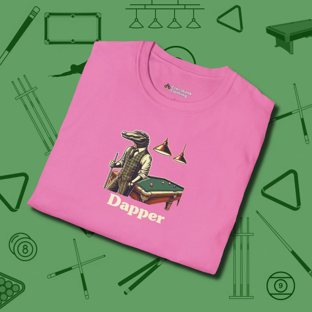 Dapper Alligator T-Shirt, folded view, in Azalea cool under pressure, hot on the eyes