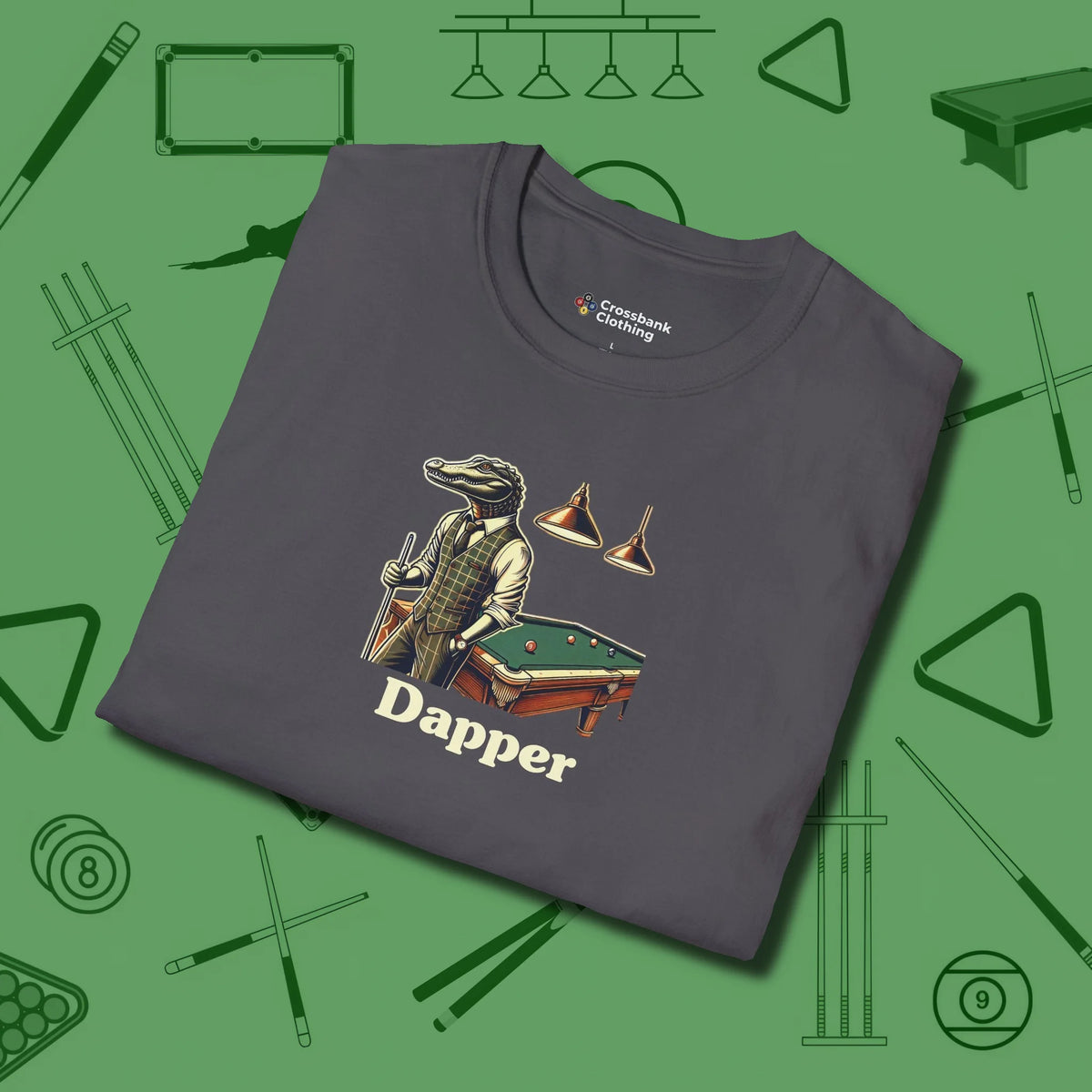 Dapper Alligator T-Shirt, folded view, in Charcoal the official uniform of the after-hours crew
