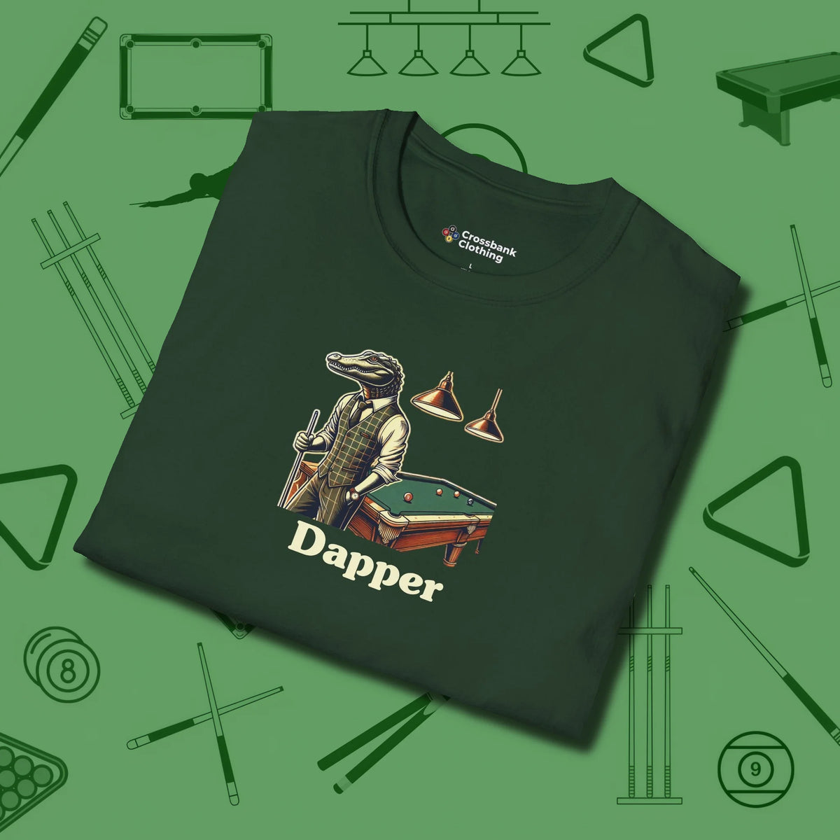 Dapper Alligator T-Shirt, folded view, in Forest Green smart enough for the felt and the street
