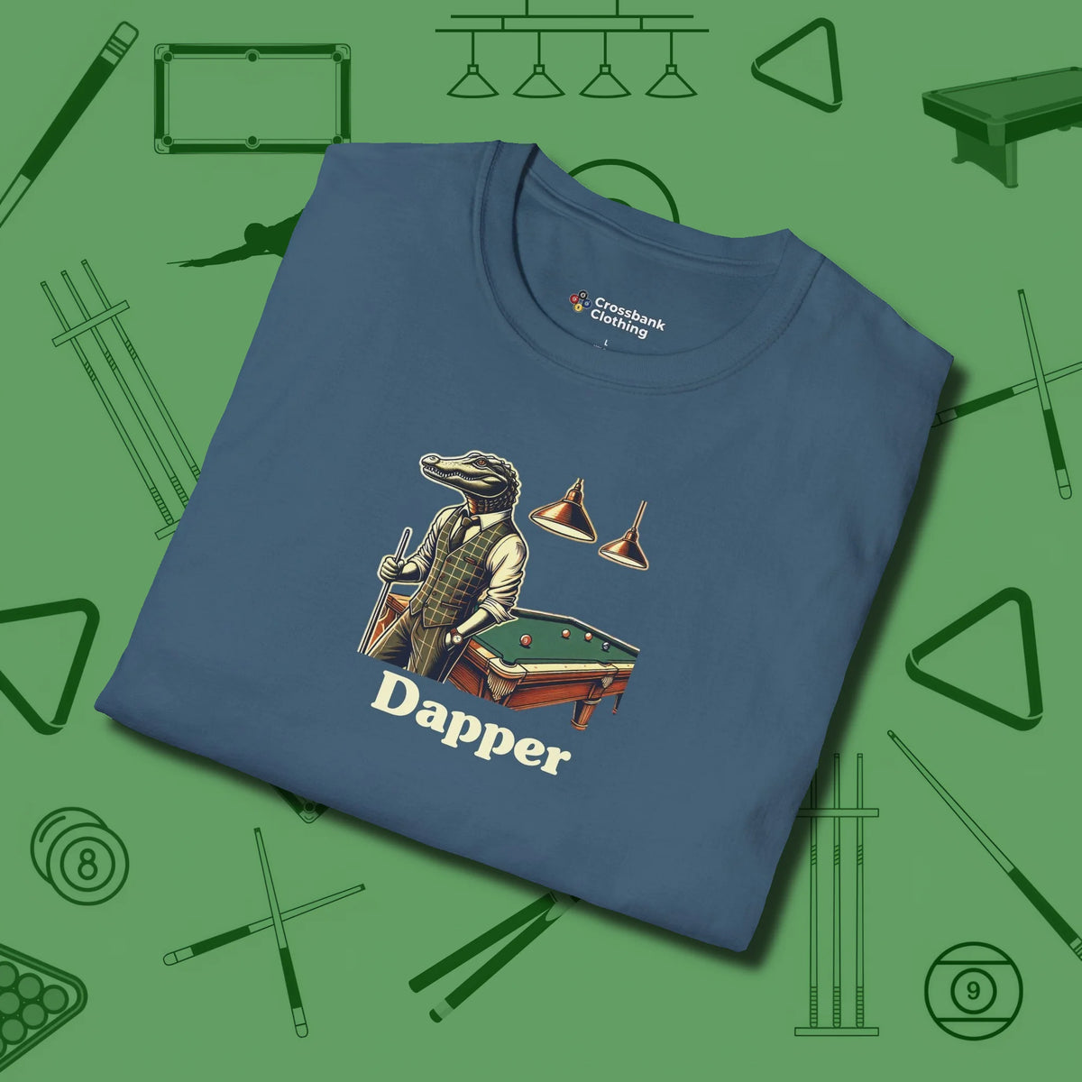 Dapper Alligator T-Shirt, folded view, in Indigo Blue style that banks as hard as you do