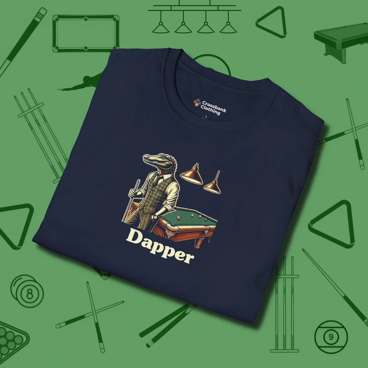 Dapper Alligator T-Shirt, folded view, in Navy the official uniform of the after-hours crew