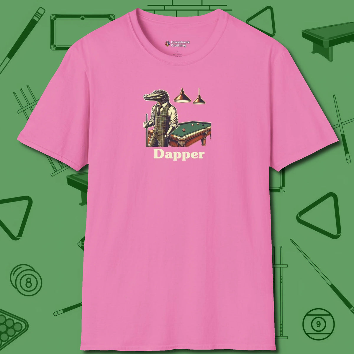 Dapper Alligator T-Shirt, front view, in Azalea smart enough for the felt and the street