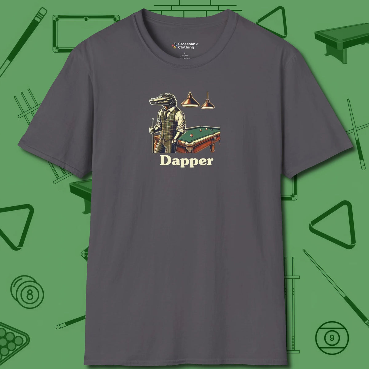 Dapper Alligator T-Shirt, front view, in Charcoal strike fear with swagger and precision