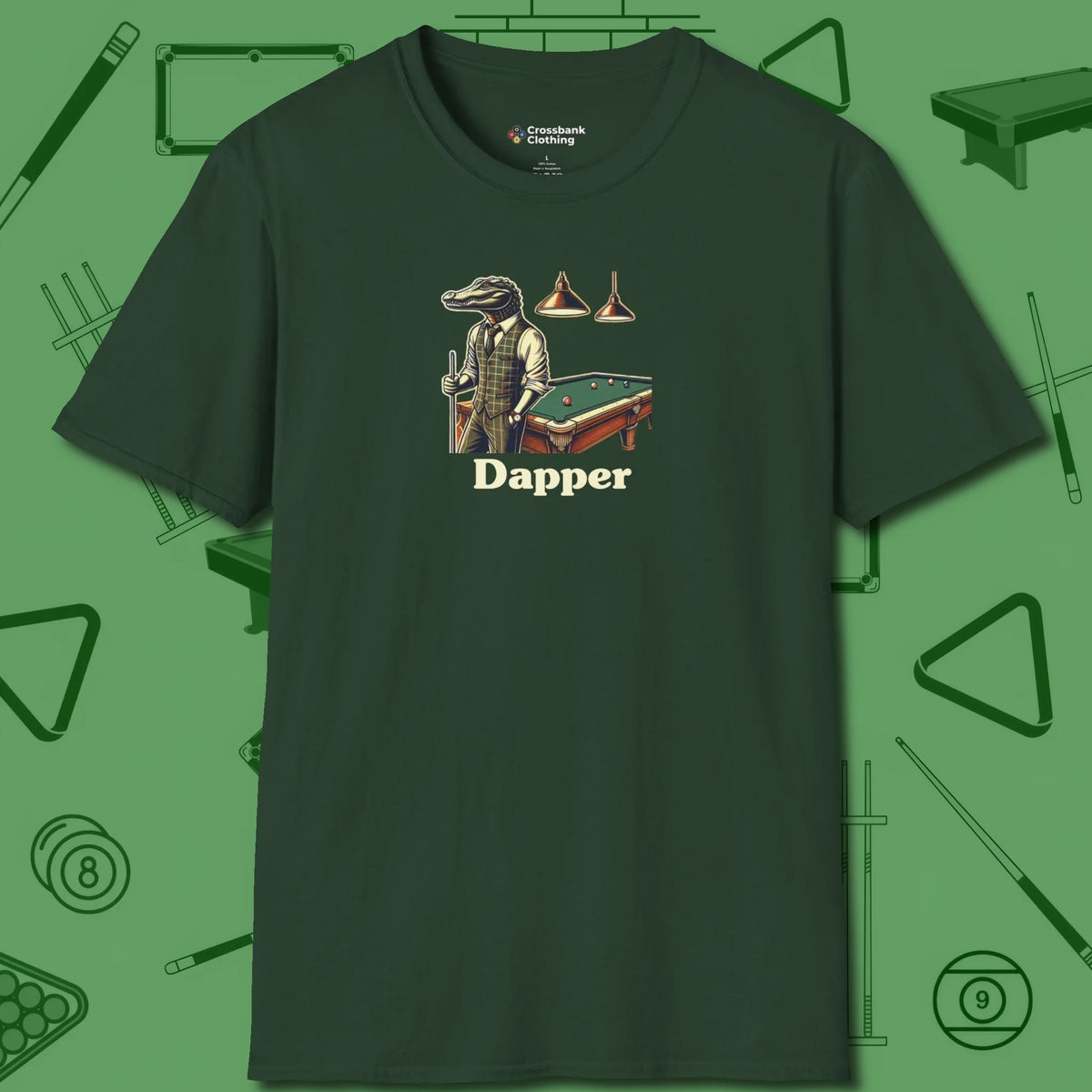 Dapper Alligator T-Shirt, front view, in Forest Green precise, confident, always in control