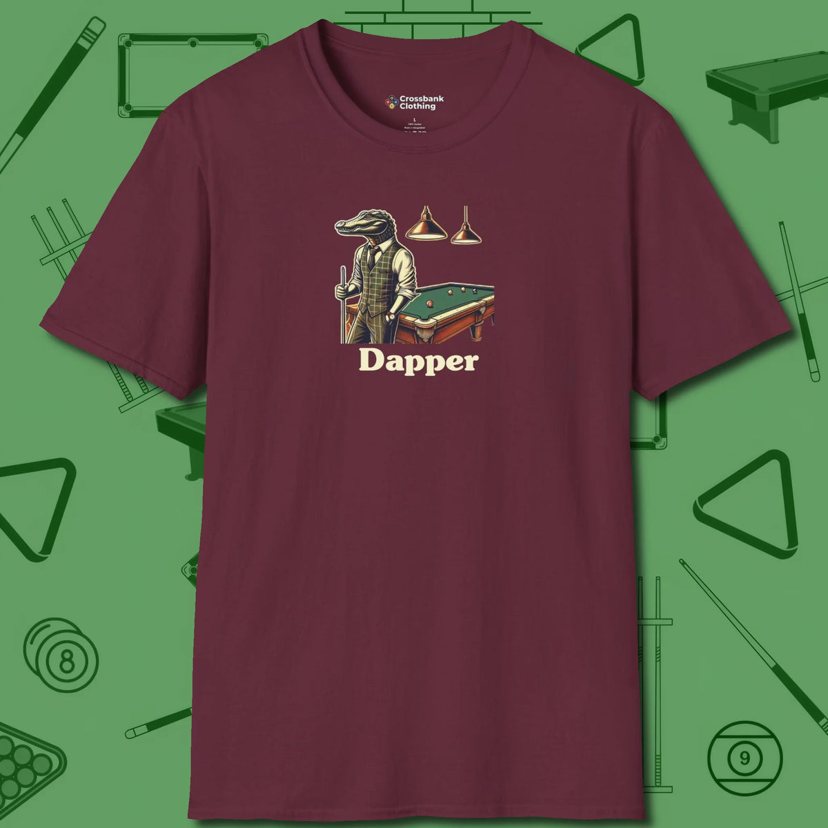 Dapper Alligator T-Shirt, front view, in Maroon what champions wear between racks