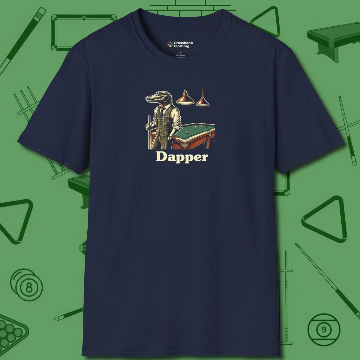 Dapper Alligator T-Shirt, front view, in Navy put your best game on display