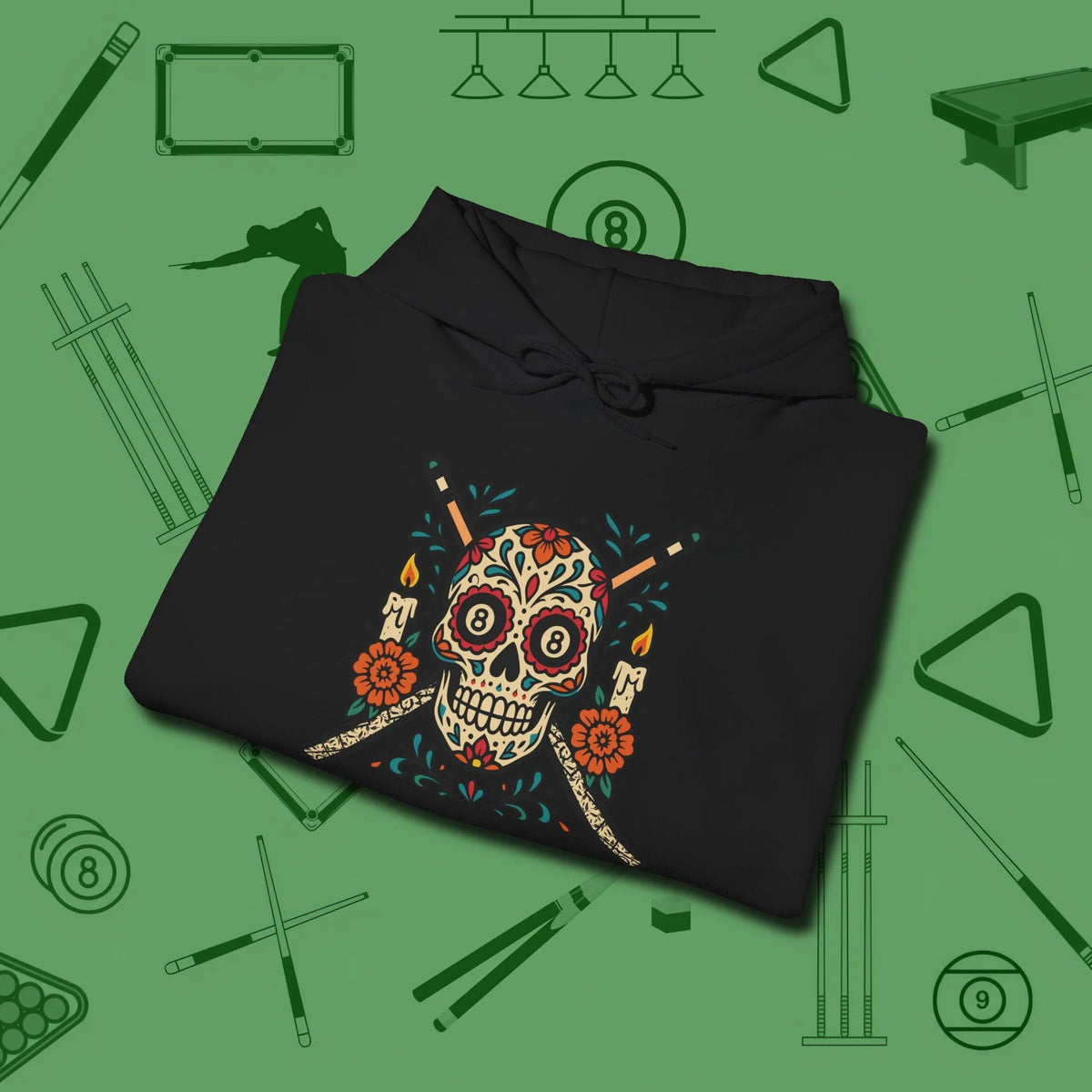 Day of the Dead Sugar Skull Hoodie, folded view, in Black your go-to shirt for league night victories