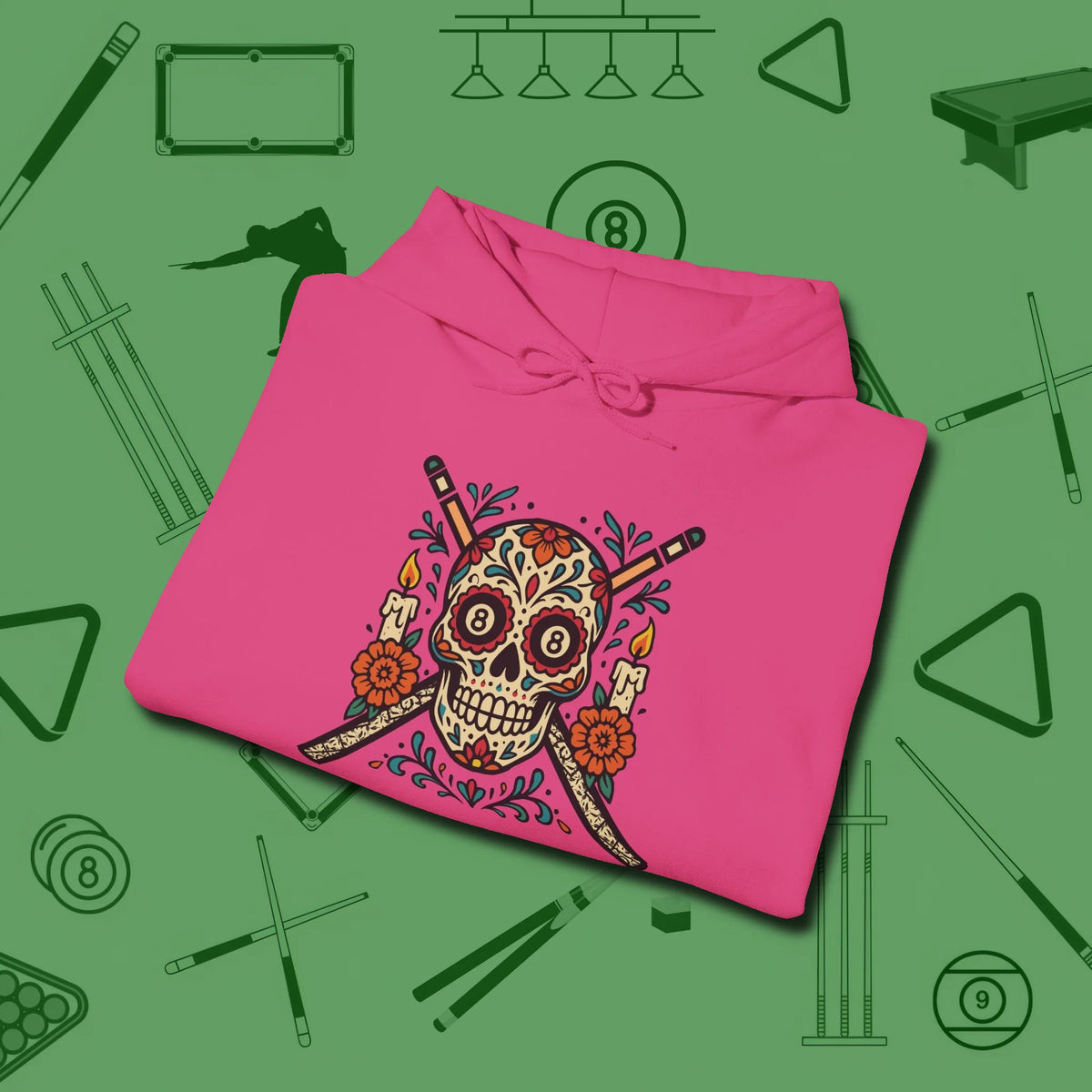 Day of the Dead Sugar Skull Hoodie, folded view, in Heliconia table-tested, street-approved style