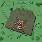 Day of the Dead Sugar Skull Hoodie, folded view, in Military Green cue up respect every time you wear it