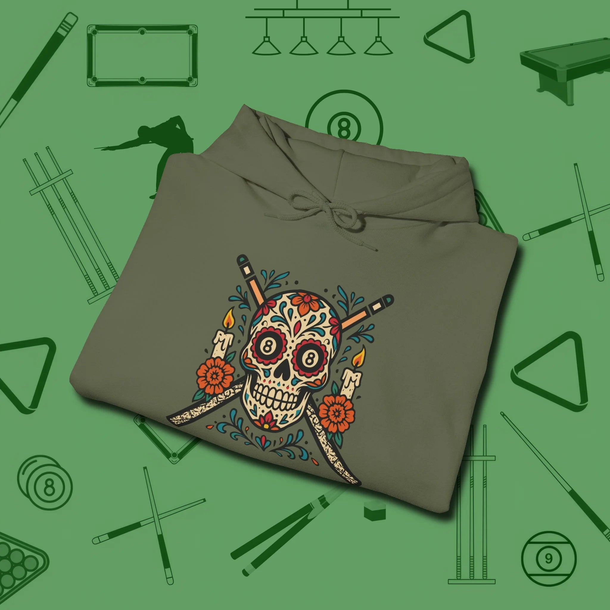 Day of the Dead Sugar Skull Hoodie, folded view, in Military Green cue up respect every time you wear it