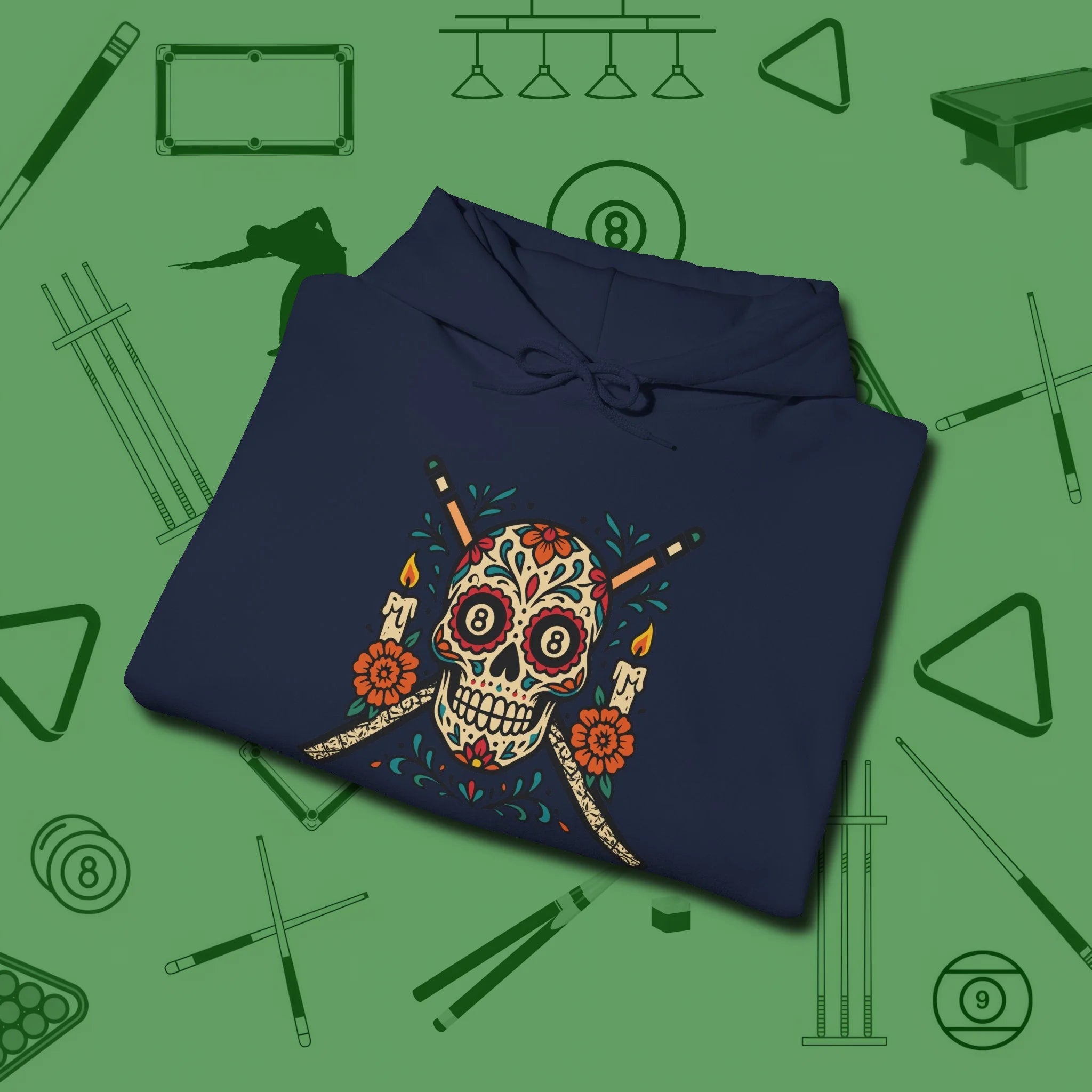 Day of the Dead Sugar Skull Hoodie, folded view, in Navy made for pool sharks, not posers