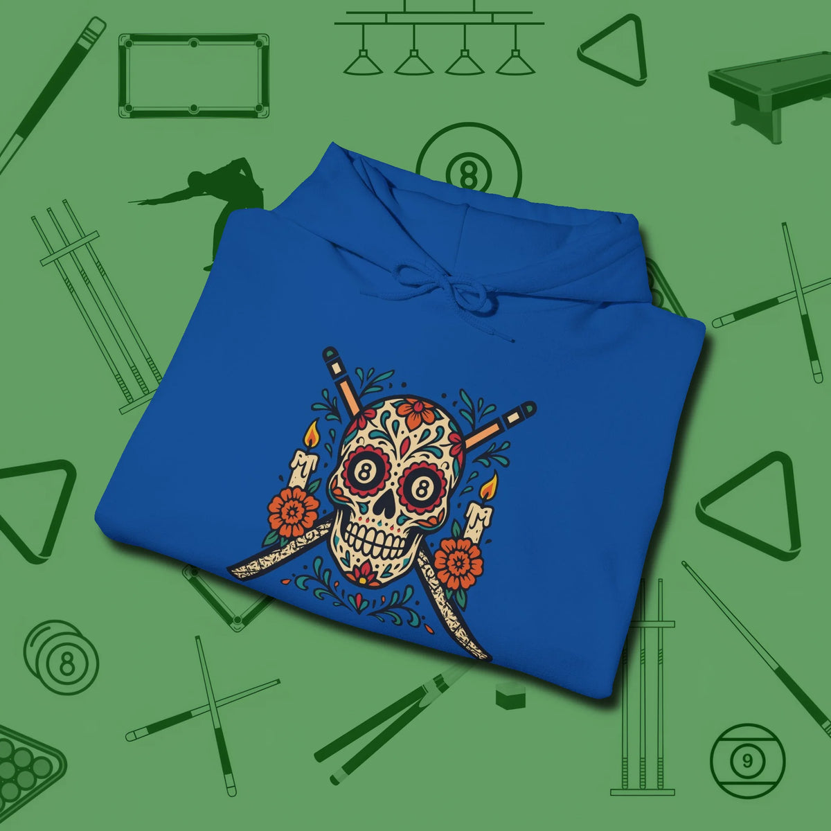 Day of the Dead Sugar Skull Hoodie, folded view, in Royal the official uniform of the after-hours crew