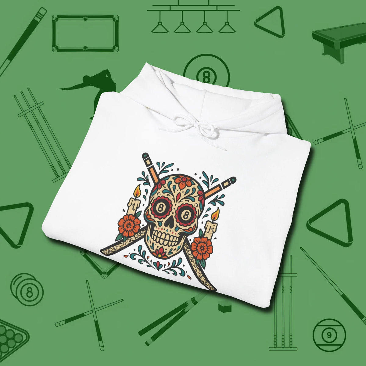 Day of the Dead Sugar Skull Hoodie, folded view, in White like your stroke — smooth and deliberate