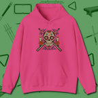 Day of the Dead Sugar Skull Hoodie, front view, in Heliconia clean lines for dirty minds