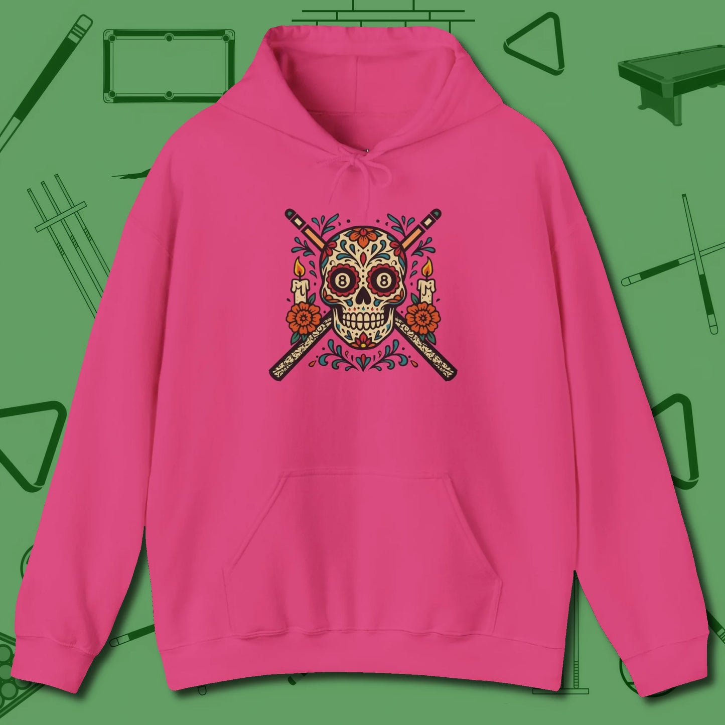 Day of the Dead Sugar Skull Hoodie, front view, in Heliconia clean lines for dirty minds