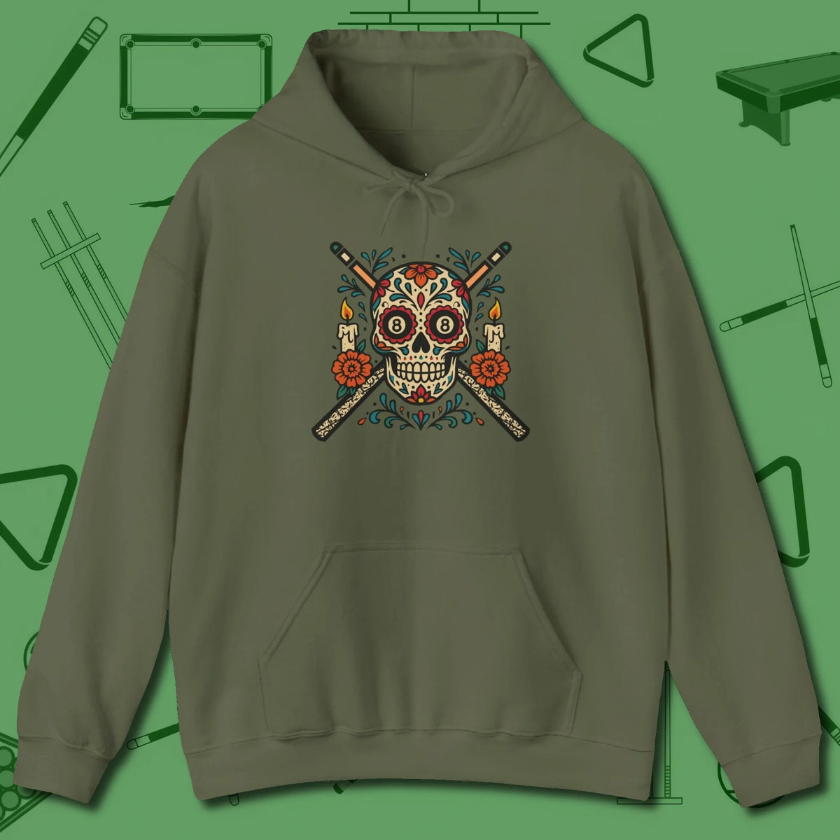 Day of the Dead Sugar Skull Hoodie, front view, in Military Green designed for dead stroke and deadpan looks