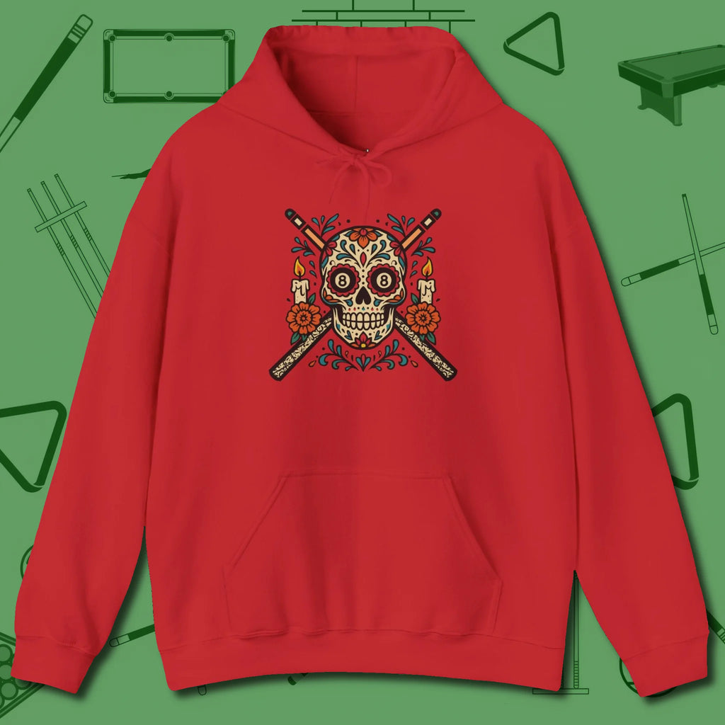 Day of the Dead Sugar Skull Hoodie, front view, in Red perfect for players with quiet fire