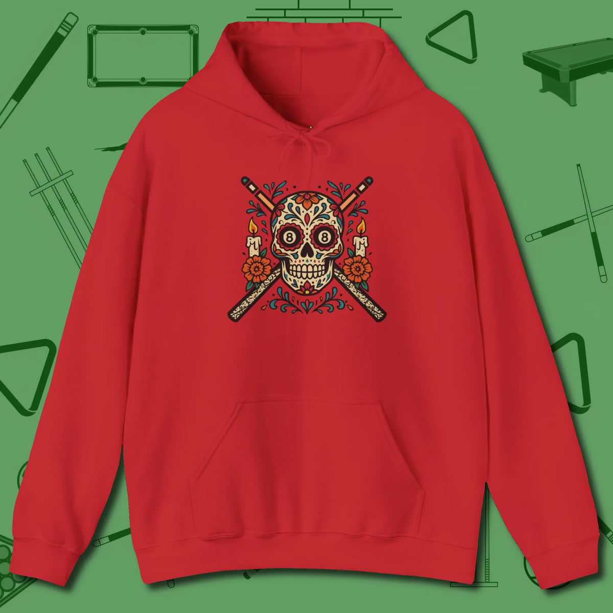 Day of the Dead Sugar Skull Hoodie, front view, in Red perfect for players with quiet fire